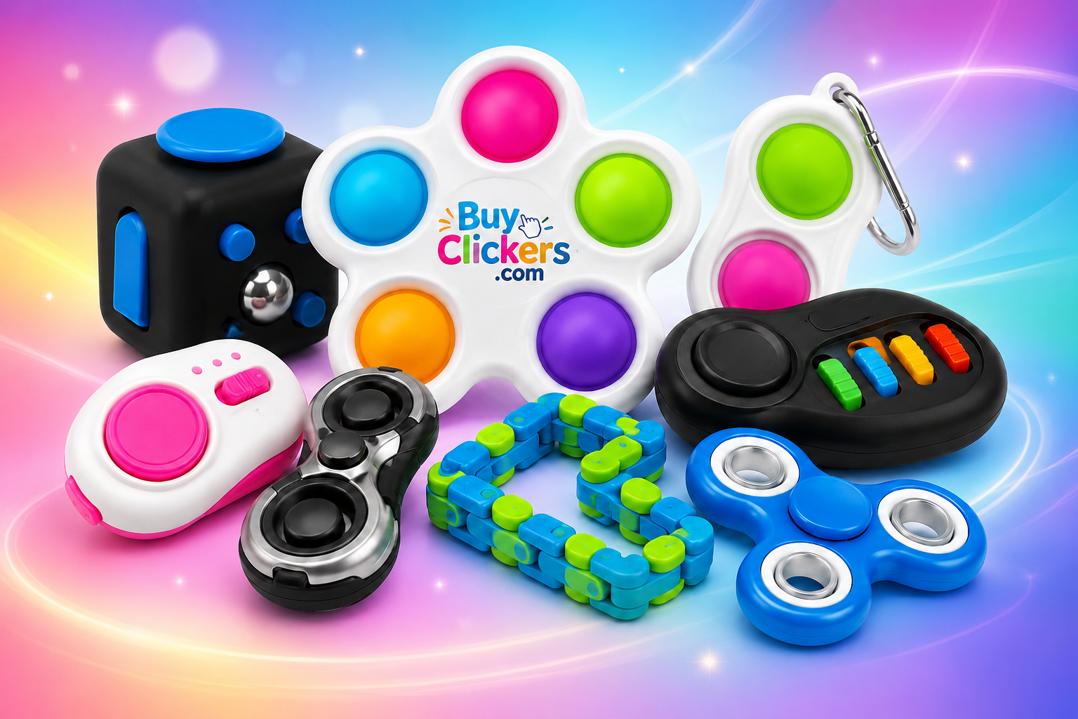 A pile of colorful clicker fidget toys